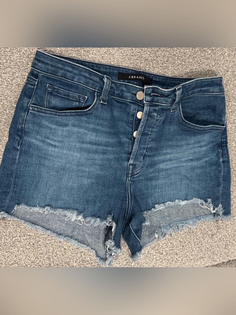 J Brand Distressed Mid-Blue Button-Front Denim Shorts